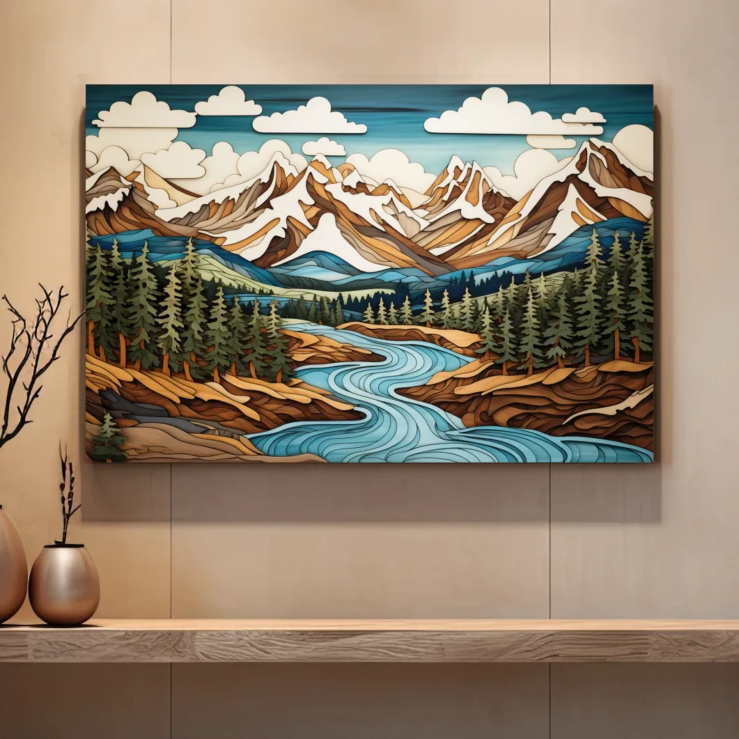 Intarsia Style Mountain River Landscape - Rustic Alpine Forest Artwork