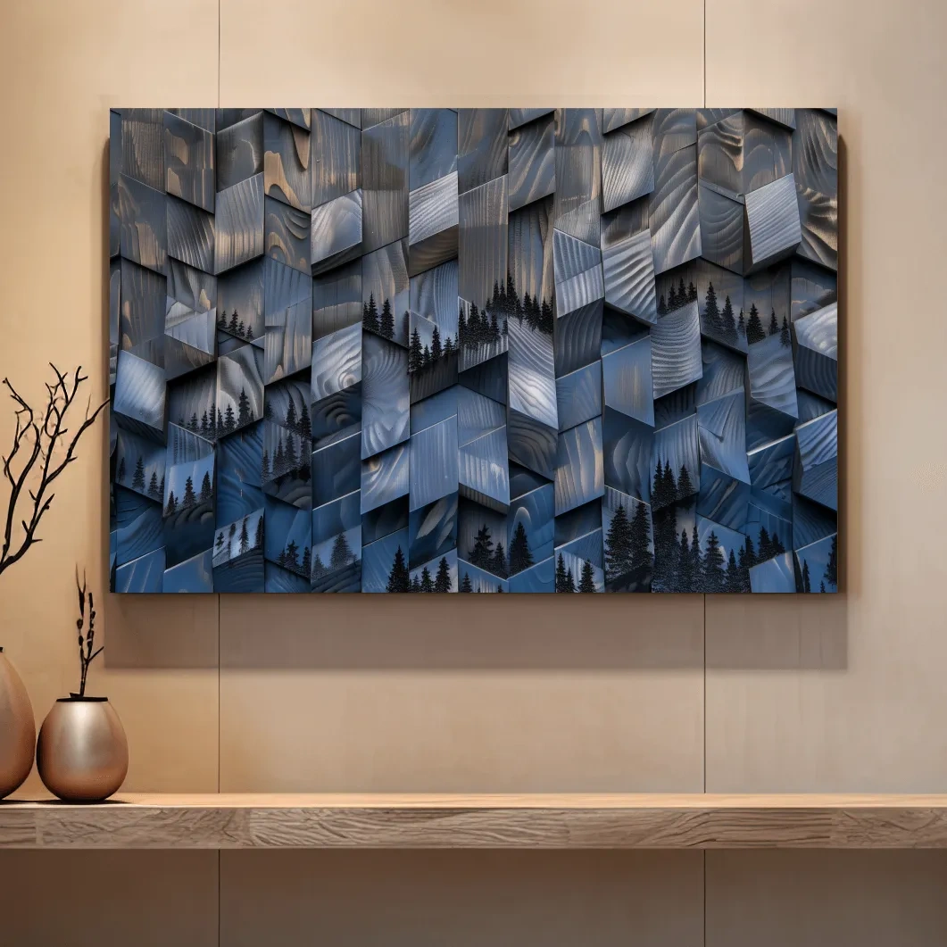 Alpine tree artwork, fragmented geometric wooden cubes pattern, 3d depth effect