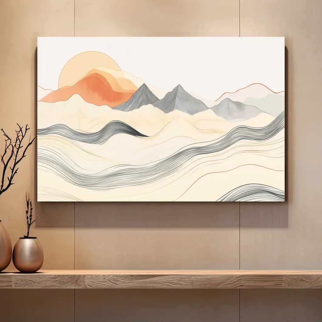 Minimalist Line Art Mountain Sunset - Abstract Landscape Wall Art