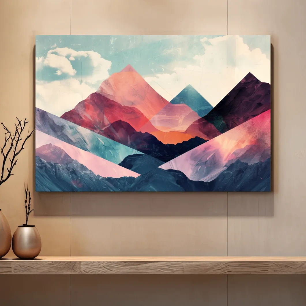 Vibrant colorful mountain wall art, mixed media collage effect