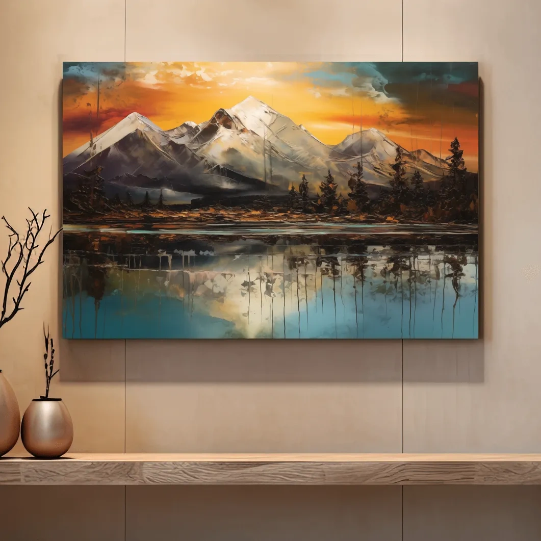 Abstract oil painting of an alpine lake at sunset