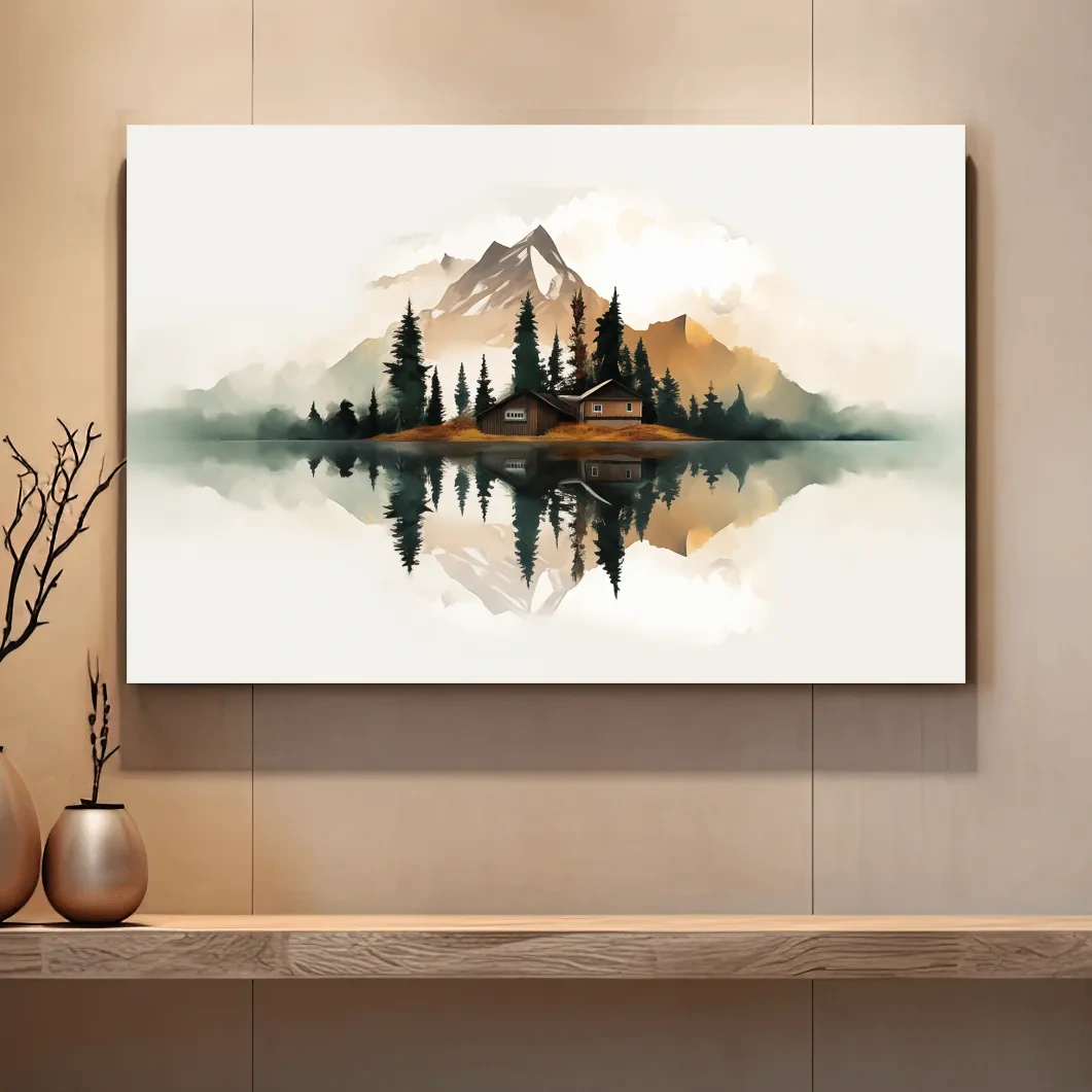 Minimalist Mountain Cabin Lake Reflection - Misty Watercolor Landscape Wall Art