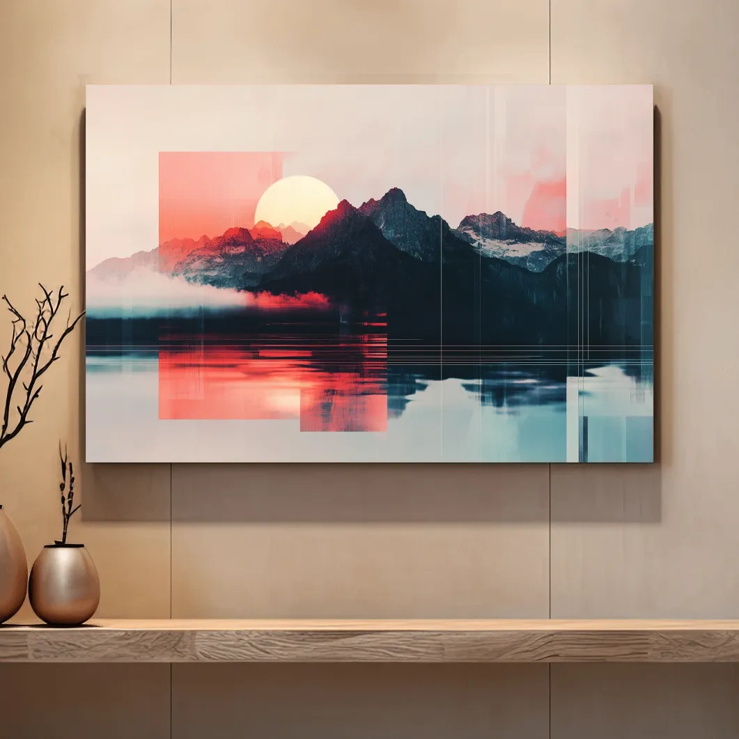 Sunset mountain wall art, glitch art effect