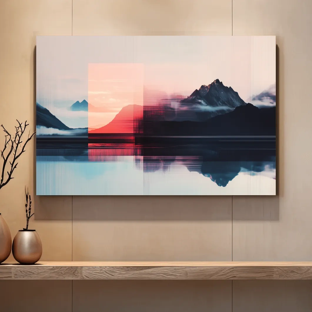 Mountains in the clouds at sunset, glitched wall art effect