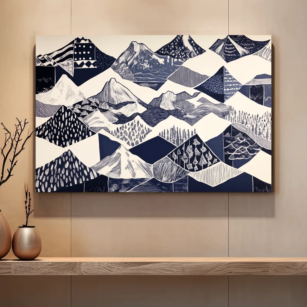 Linocut Patchwork Mountain Range Illustration - Modern Landscape Artwork