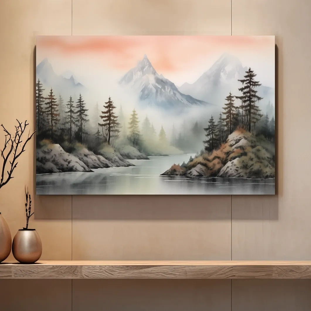 Misty Watercolor Mountain Lake Landscape - Serene Pine Forest Wall Art