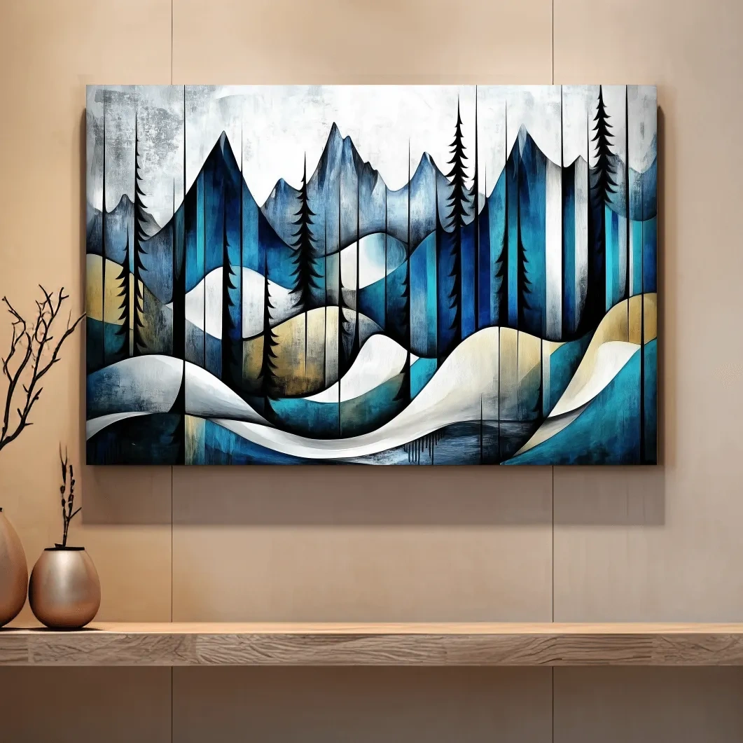 Abstract mountain painting, trees in the alpine, textured effect