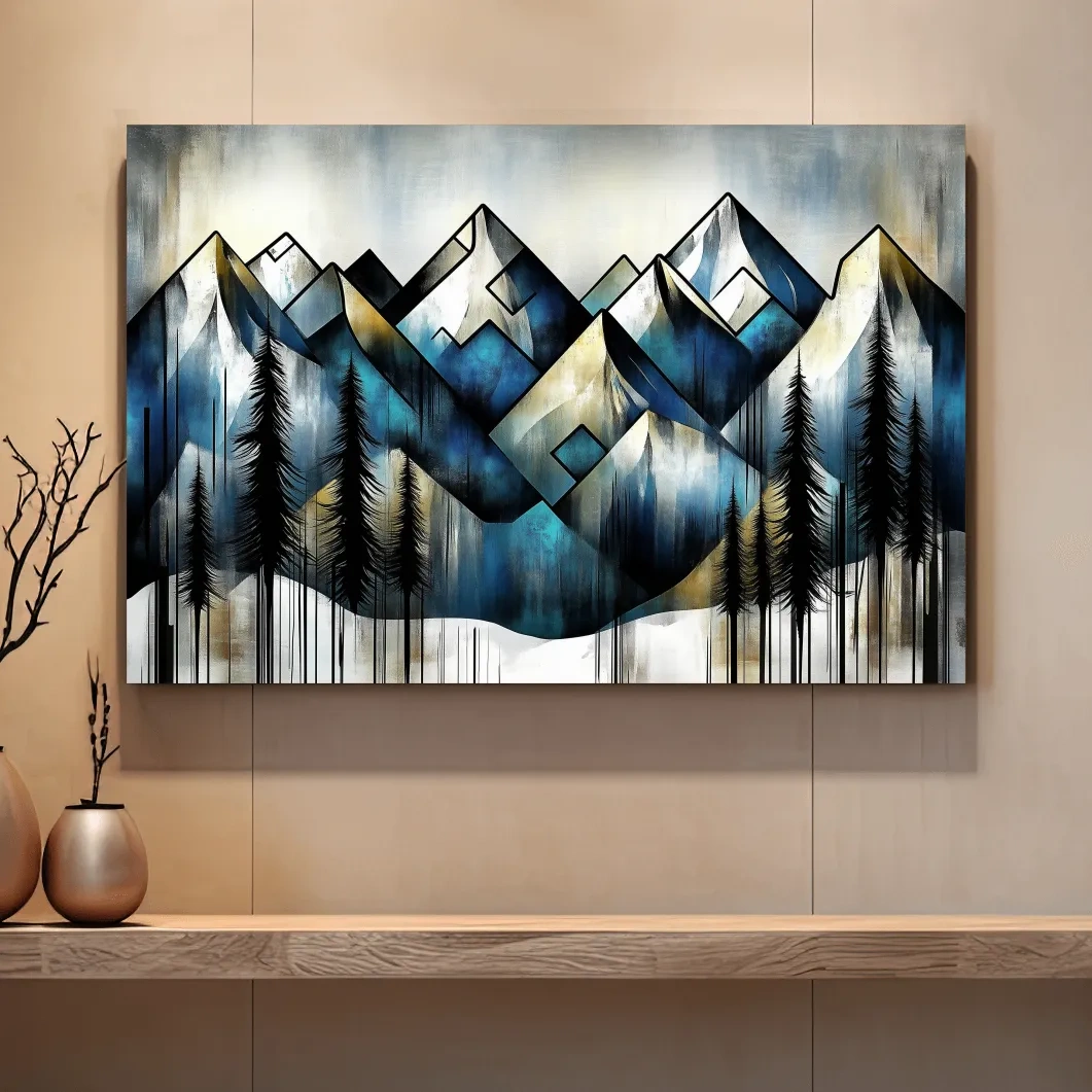 Geometric Mountain Peaks With Pine Trees - Modern Abstract Landscape Artwork