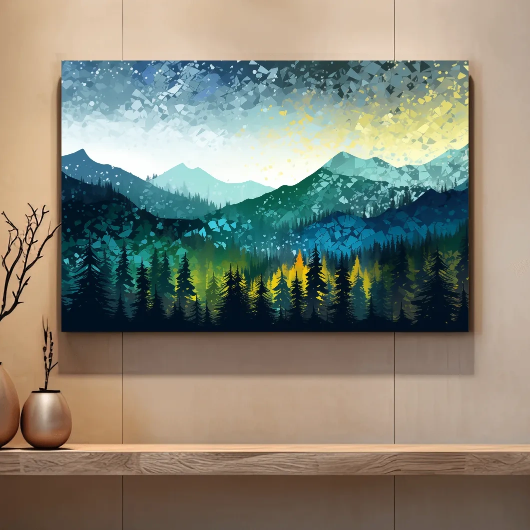 Vibrant forest and mountain art, abstract pointillism