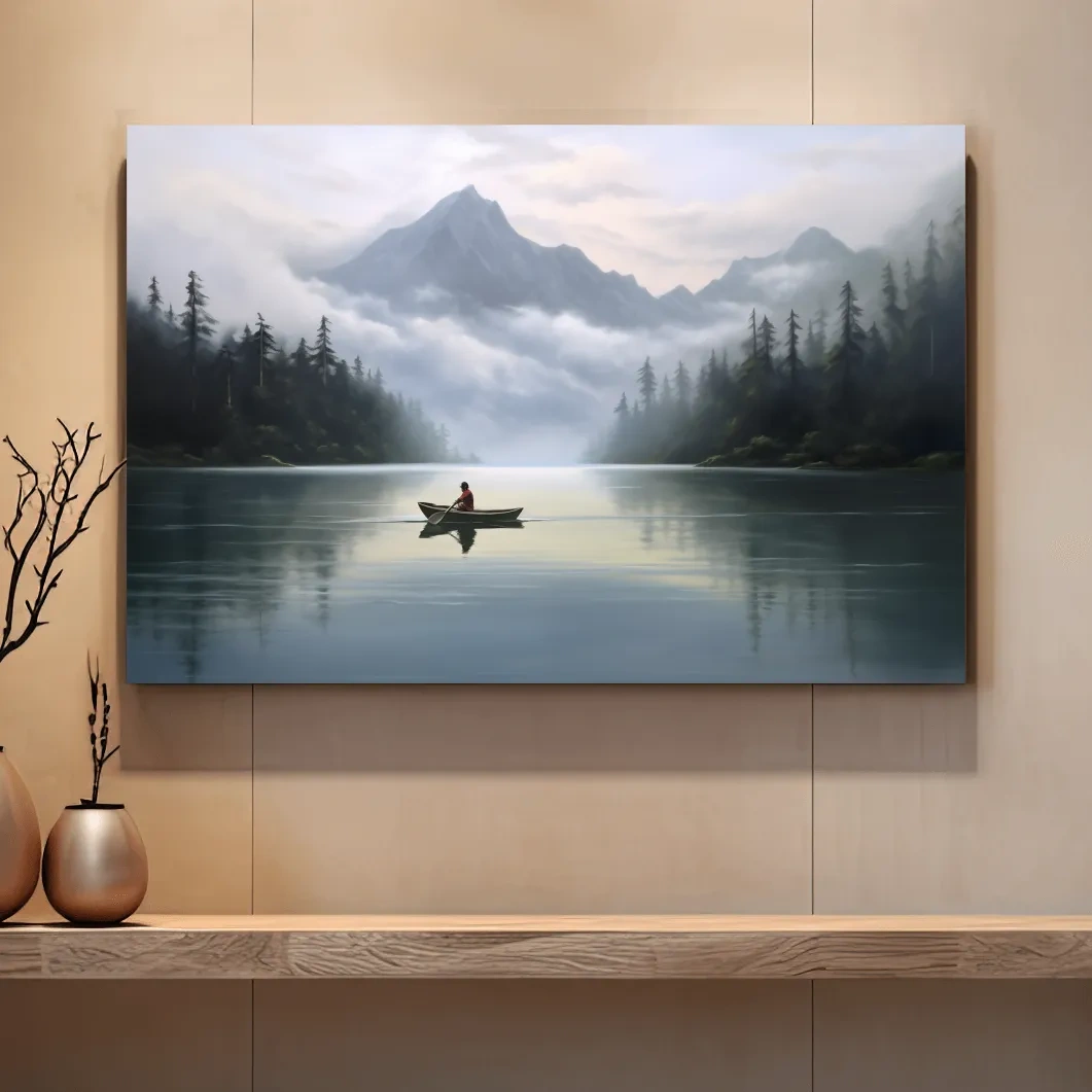 Misty Mountain Alpine Lake Canoe Scene - Serene Landscape Wall Art