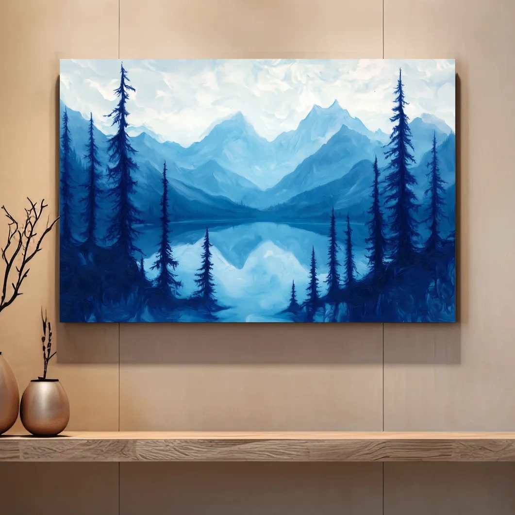 Oil painting artwork, view over an alpine lake in the mountains