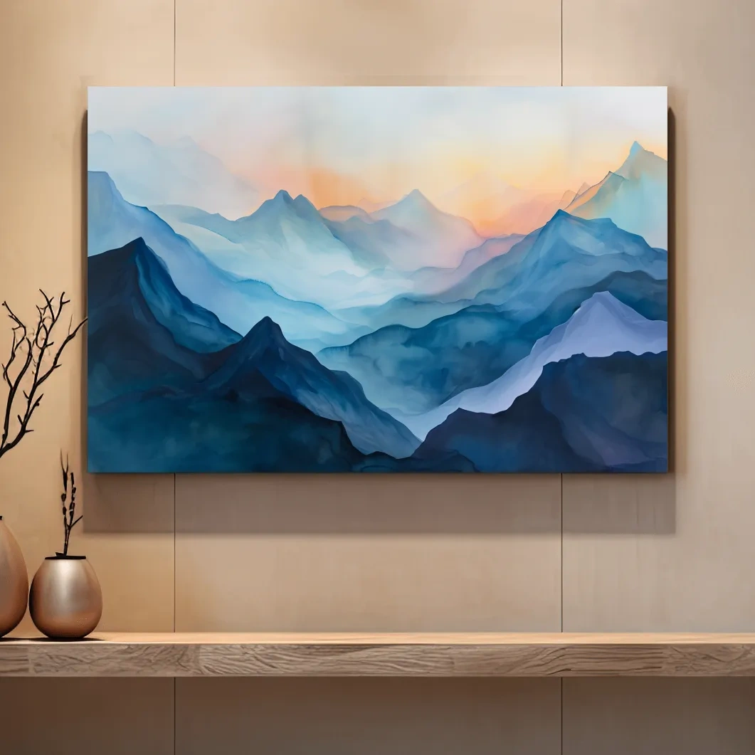 Misty Sunrise Watercolor Mountain Range - Serene Abstract Landscape Wall Art