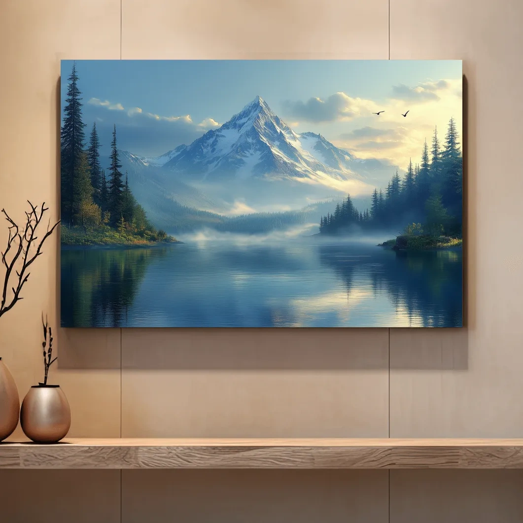 Misty Alpine Mountain Lake Sunset - Pine Forest Artwork