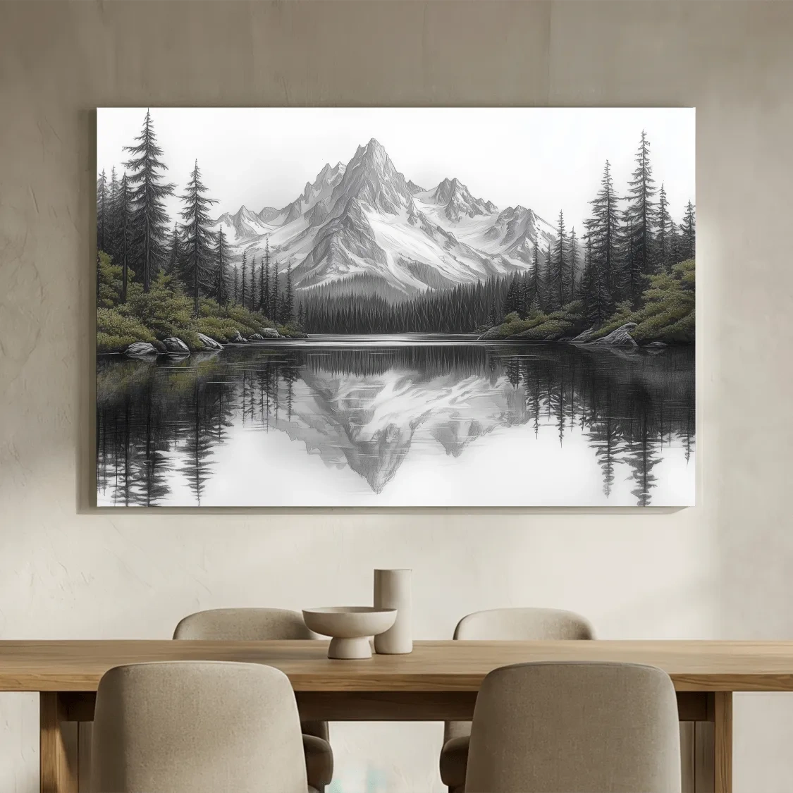 Monochrome Alpine Mountain Lake Reflection Sketch Artwork - Minimalist Forest Landscape Wall Art
