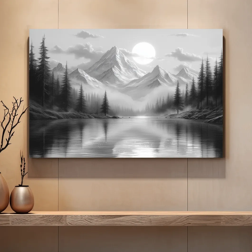 Monochrome Misty Alpine Lake Landscape - Mountain Forest Wall Art