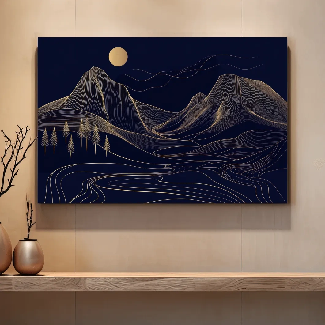 Elegant mountain wall art, gold contour line artwork style