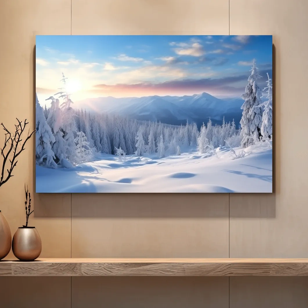 Snow covered alpine forest at sunset, photographic art