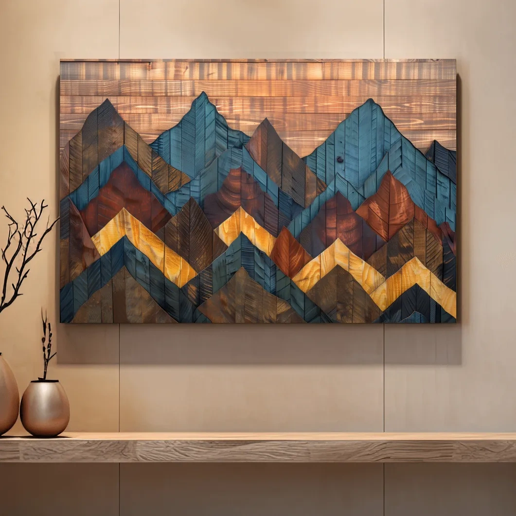 Geometric Wood Grain Mountain Range - Rustic Landscape Artwork
