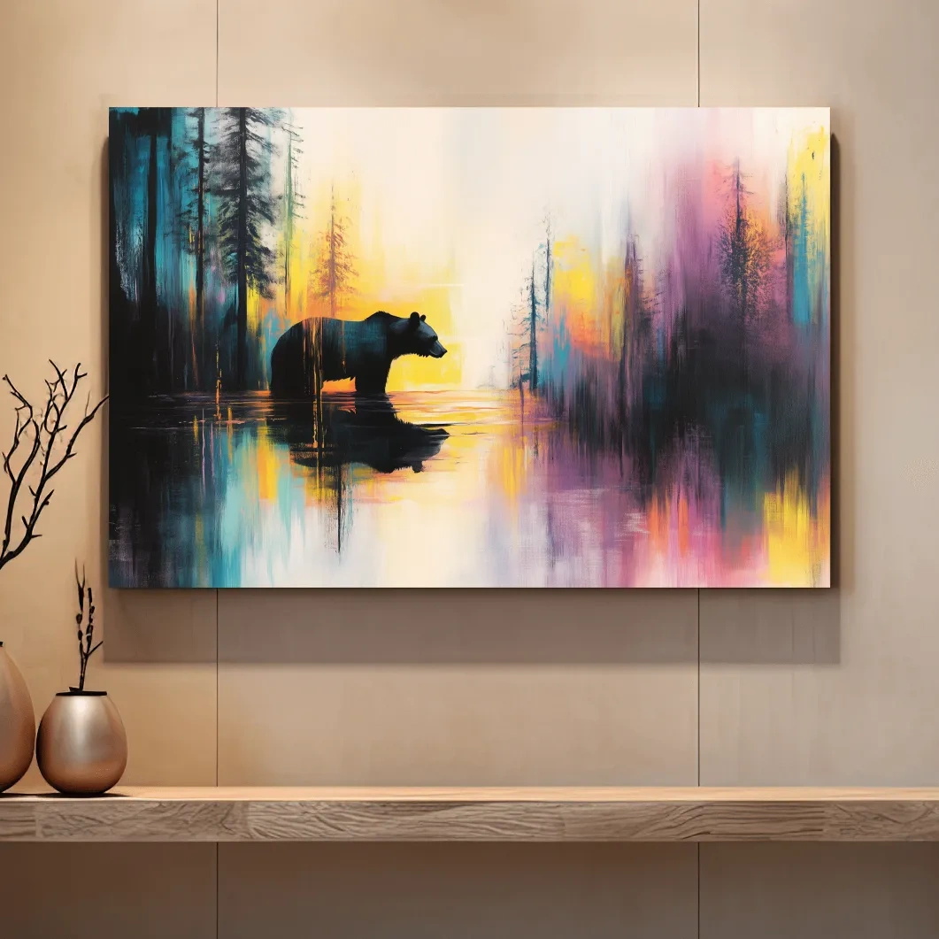 Grizzly bear in a river painting, colorful abstract wall art