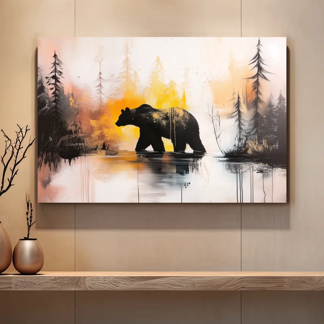 Abstract textured painting, colorful grizzly bear artwork