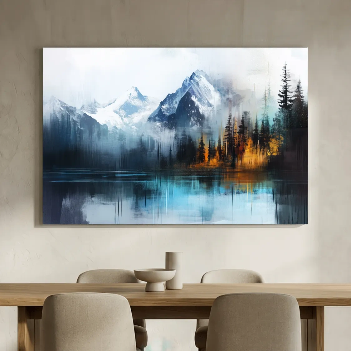Misty Mountain & Lake Reflection - Abstract Painting Pine Forest Wall Art