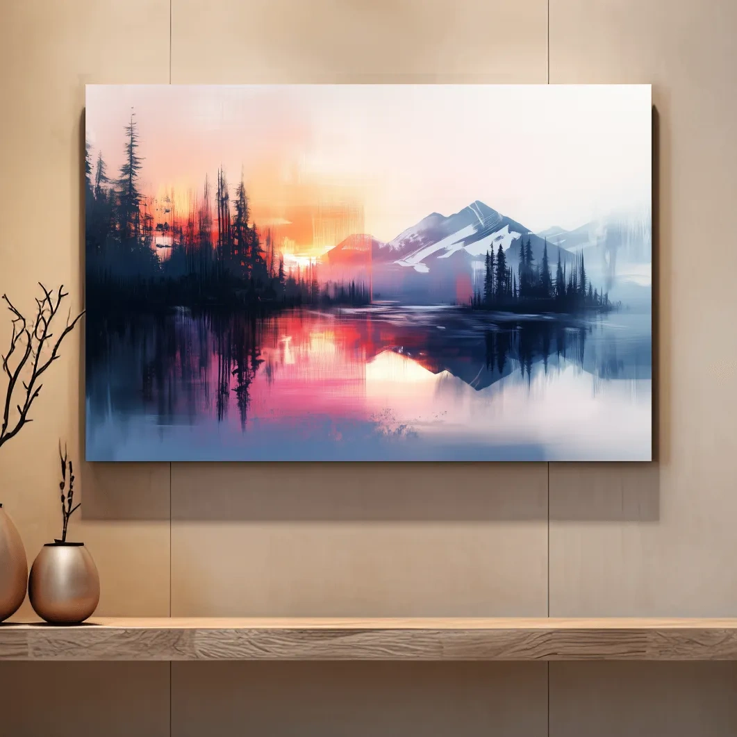Vibrant Sunset Alpine Mountain Lake Reflection - Abstract Watercolor Forest Wall Art