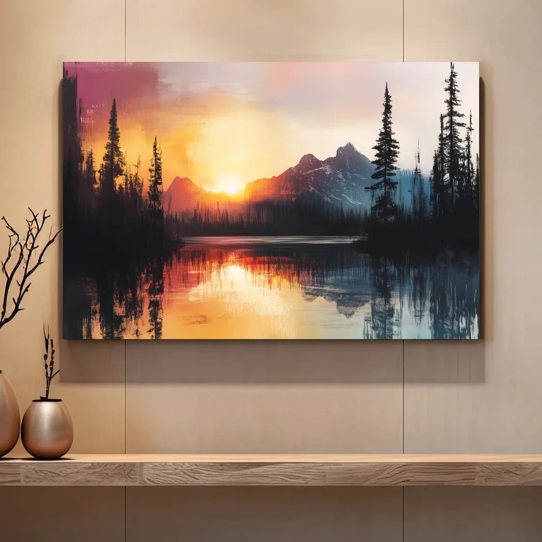 Abstract mountain art painting, sunset over a lake and forest