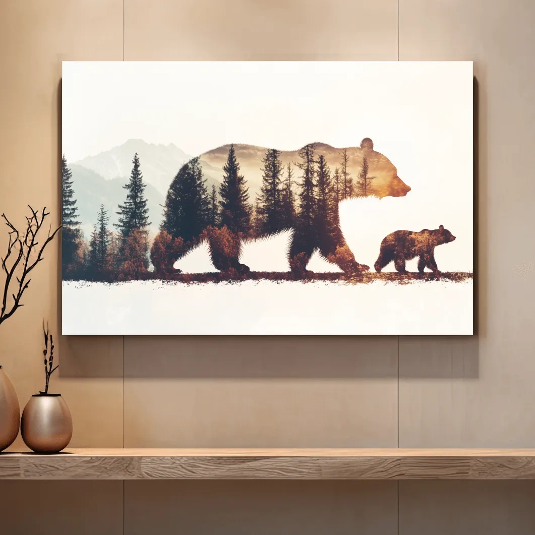 Rustic Double Exposure Bear Family - Sunset Forest Wildlife Wall Art