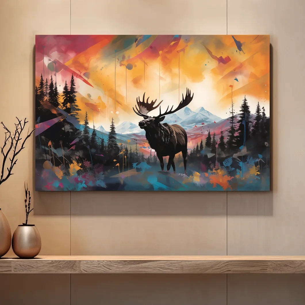 Vibrant Abstract Moose Mountain Painting - Colorful Wildlife Wall Art
