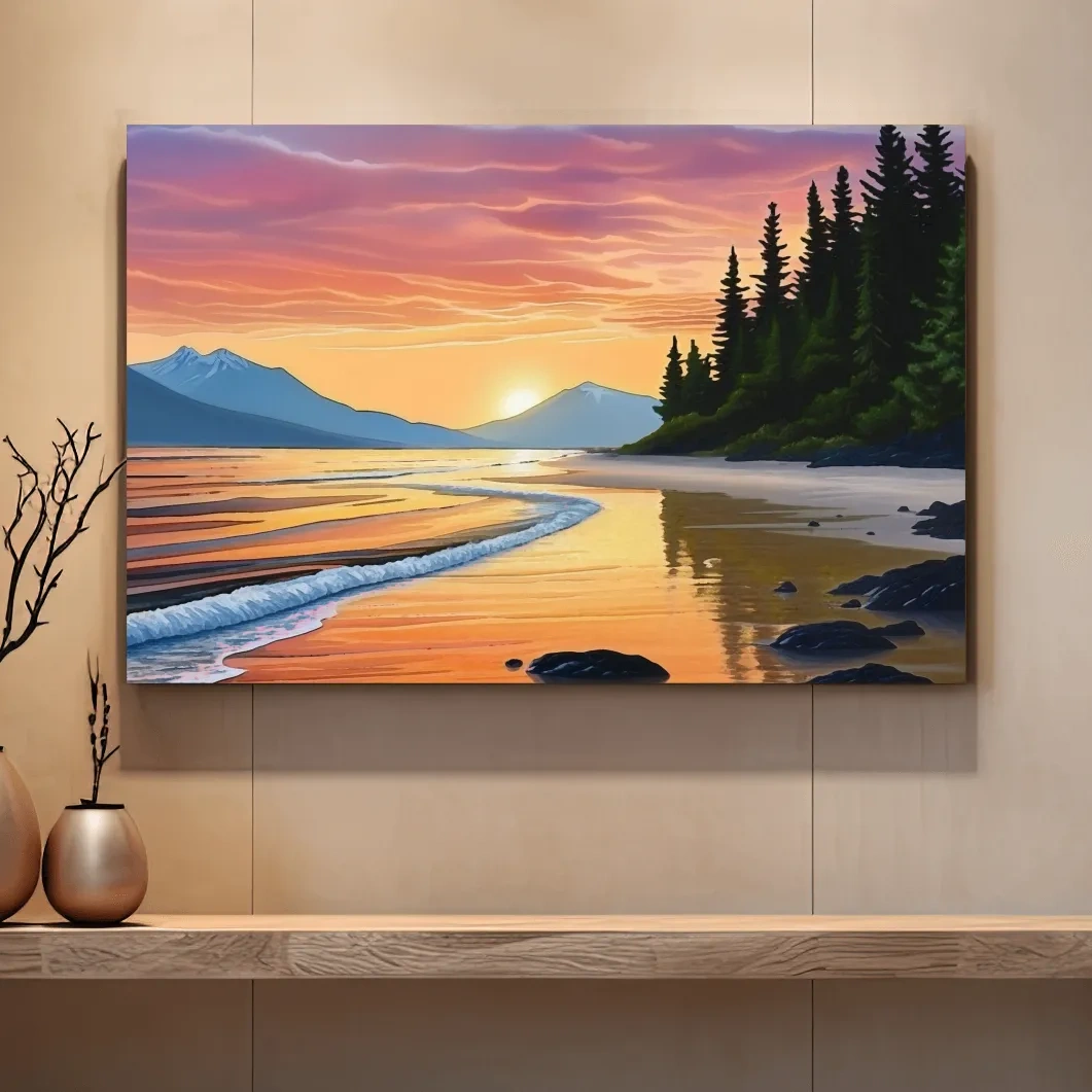 Pacific Northwest artwork, sunset over the beach painting