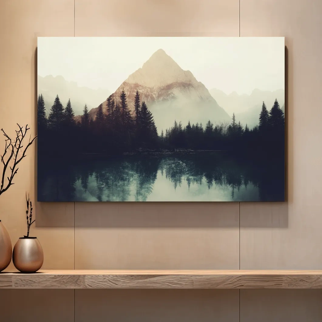 Misty Pine Forest Silhouette Lake Reflection - Moody Mountain Wall Art
