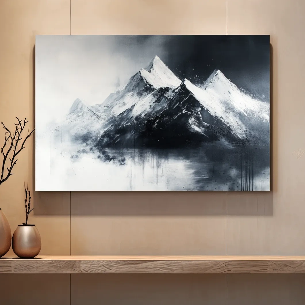 Modern wall art mountain painting, black and white glacier