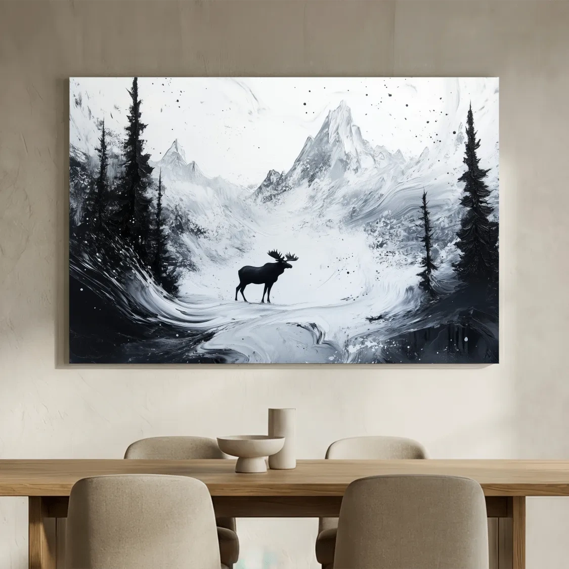 Moody Monochrome Moose Alpine Meadows - Abstract Ink Wash Wildlife Wall Art