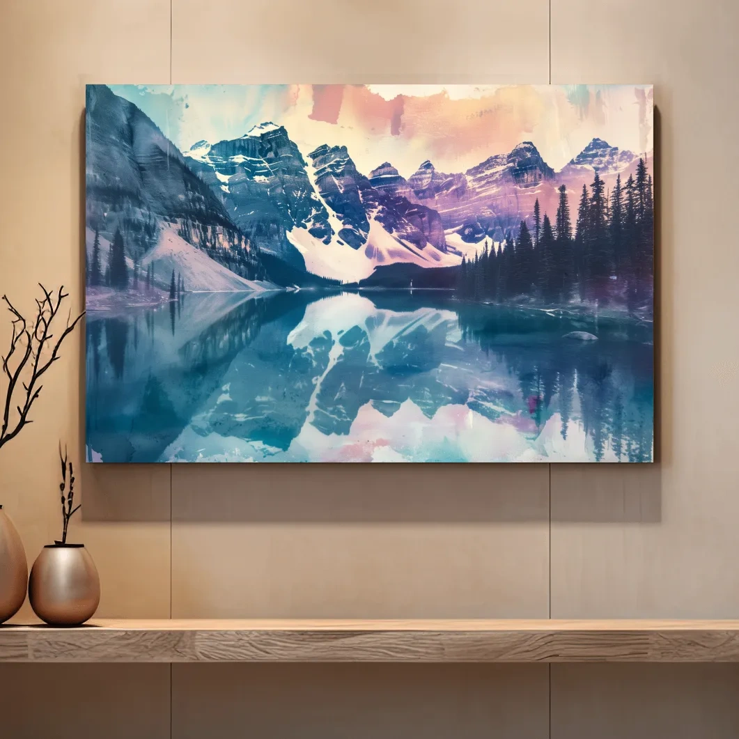 Valley of the Ten Peaks, Moraine Lake Banff. Watercolour painting postcard style mountain artwork