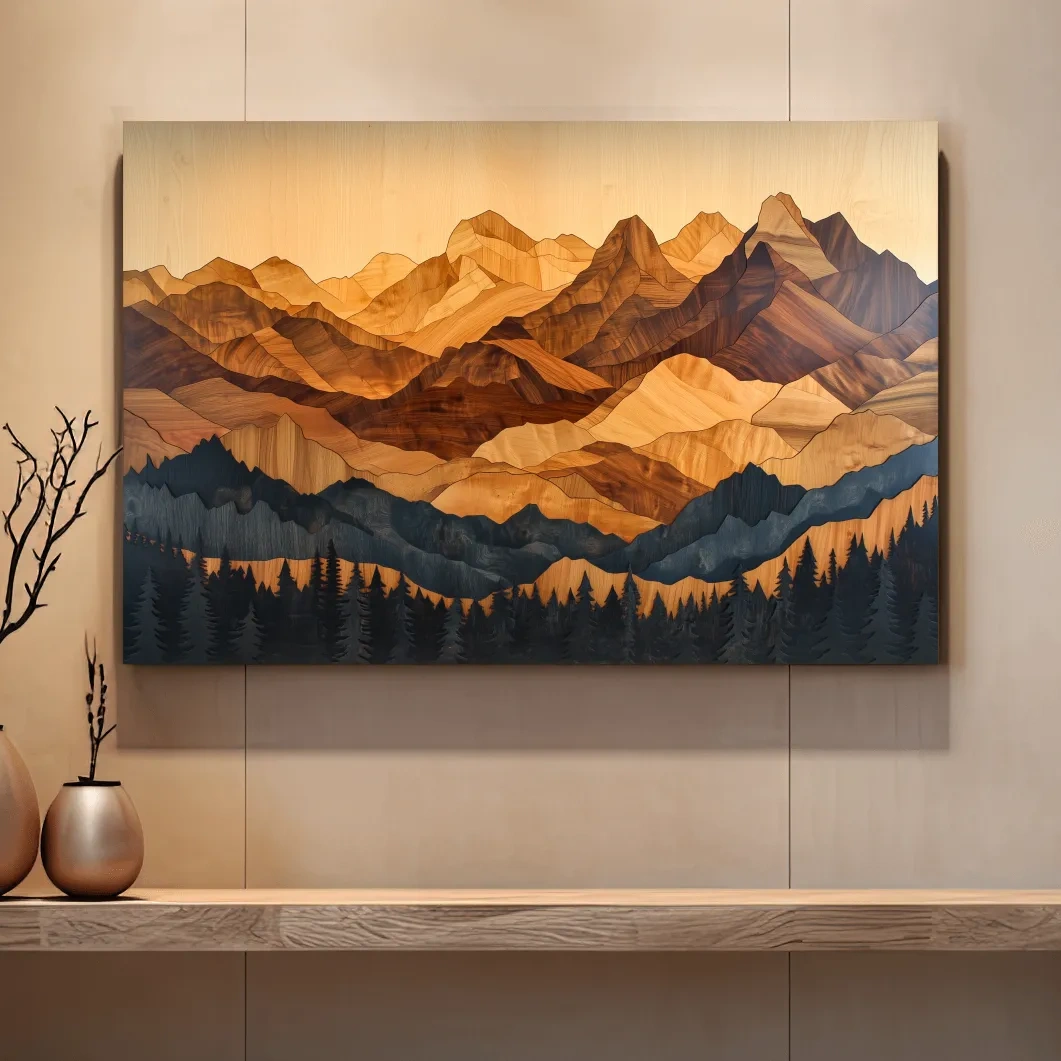 Layered Woodcut Intarsia Mountain Range Landscape - Peaks And Pine Forest Wall Art