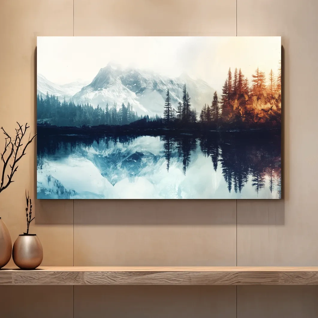 Mountain wall art, foggy glacial lake and forest in fall, textured painting effect