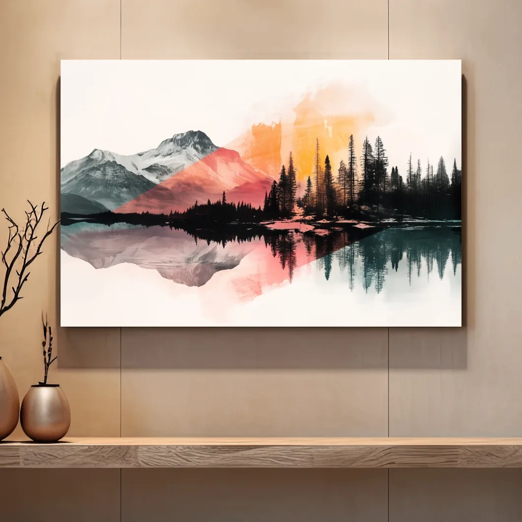 Modern abstract mountain wall artwork painting, glacial lake and forest, vibrant textured style