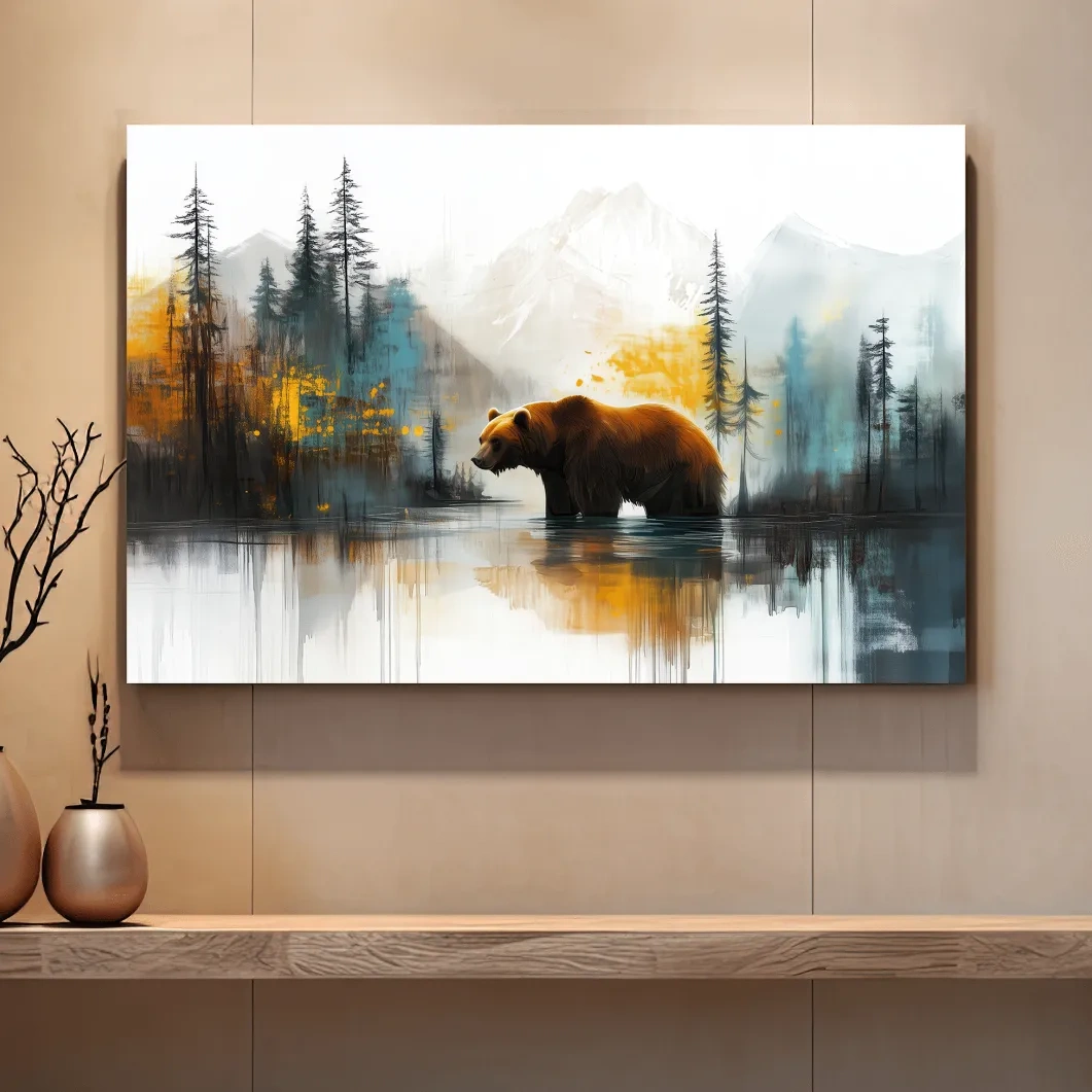 Grizzly bear textured wall art, colorful abstract painting artwork