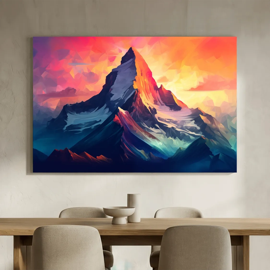 Vibrant Geometric Alpine Peak Sunrise - Modern Abstract Mountain Wall Art