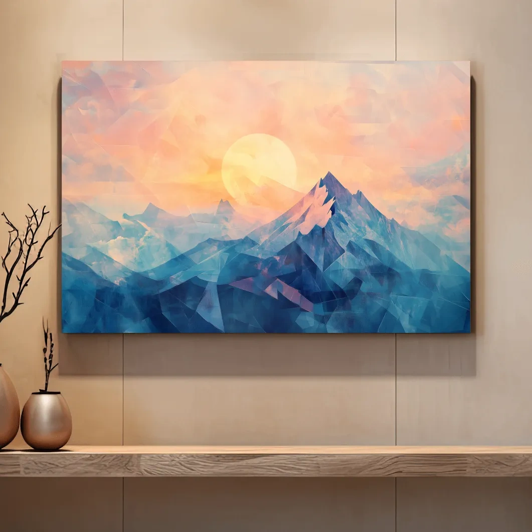 Sunset mountain wall art, geometric fragmented mosaic effect, textured art finish