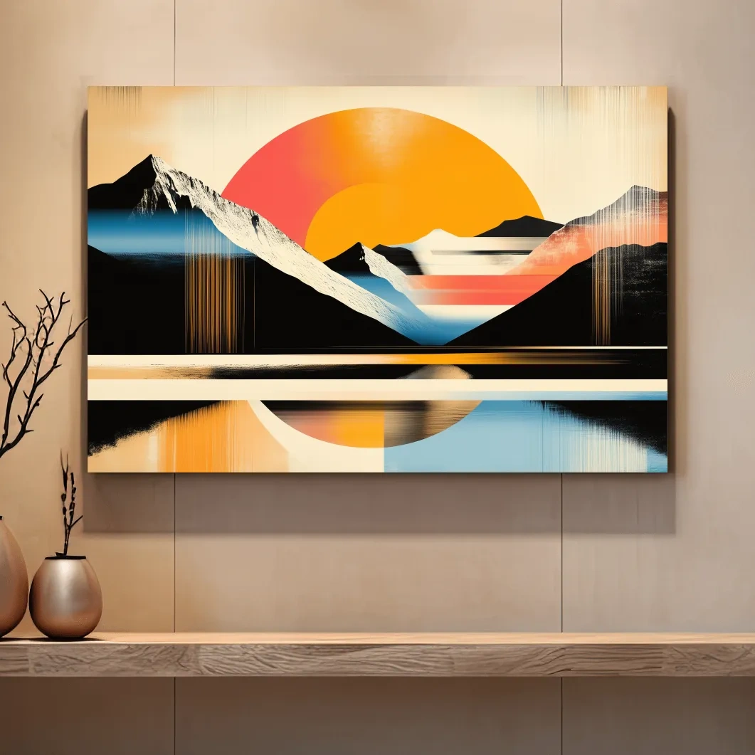Abstract alpine mountain wall art, bold retro geometric landscape with vibrant colors
