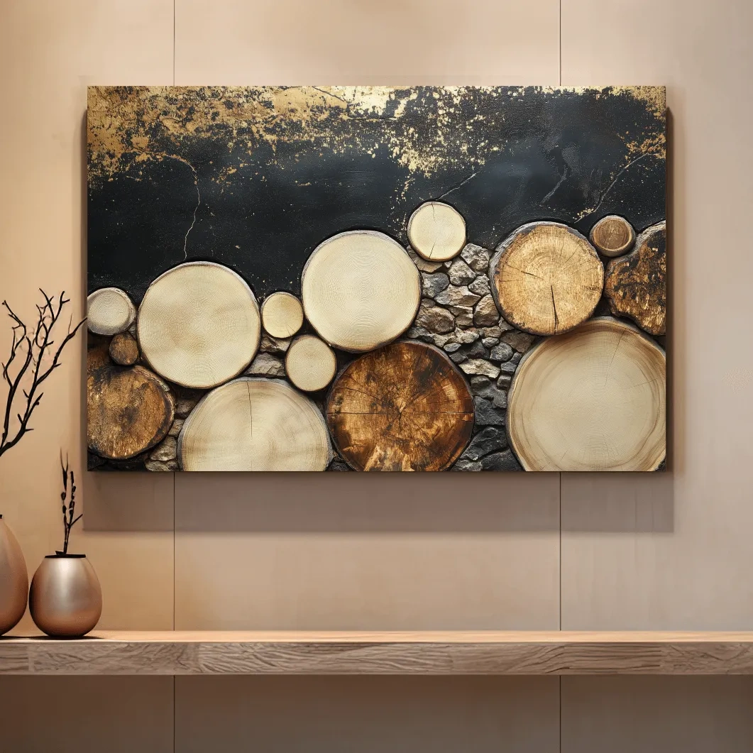 Rustic wood and stone wall art, textured effect natural elements artwork