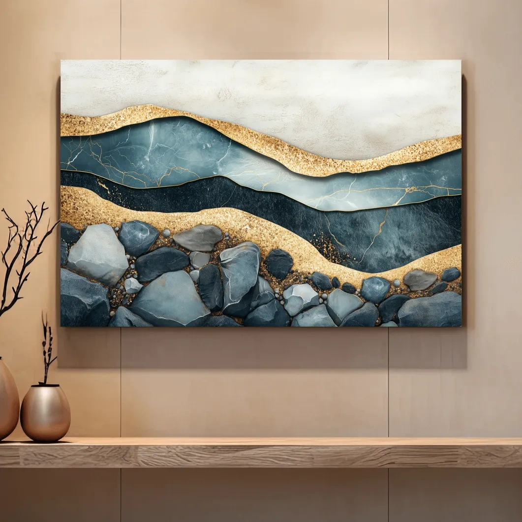 Luxury Teal Gold Marble Geode Layers - Modern River Rock Wall Art