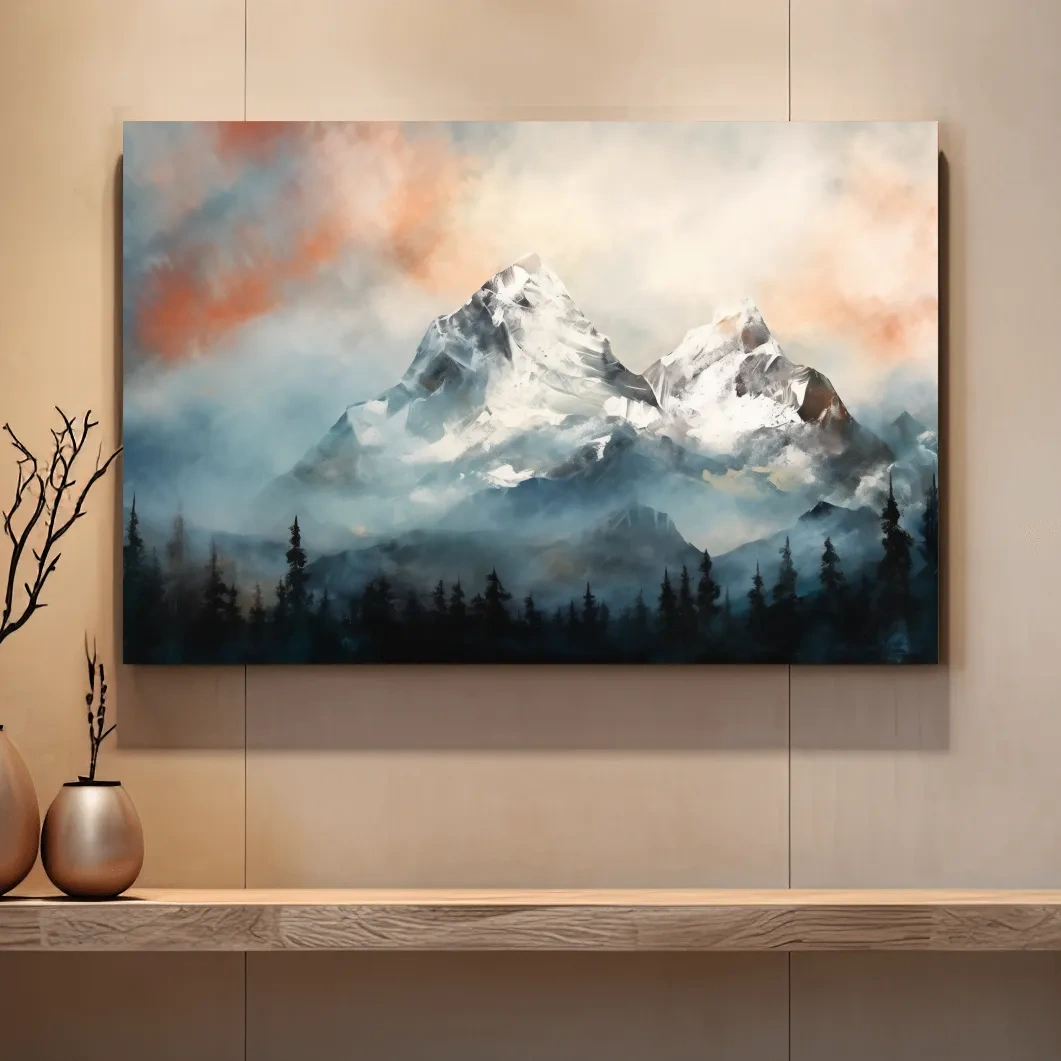 Impressionist mountain painting, sunset glacier in the mist
