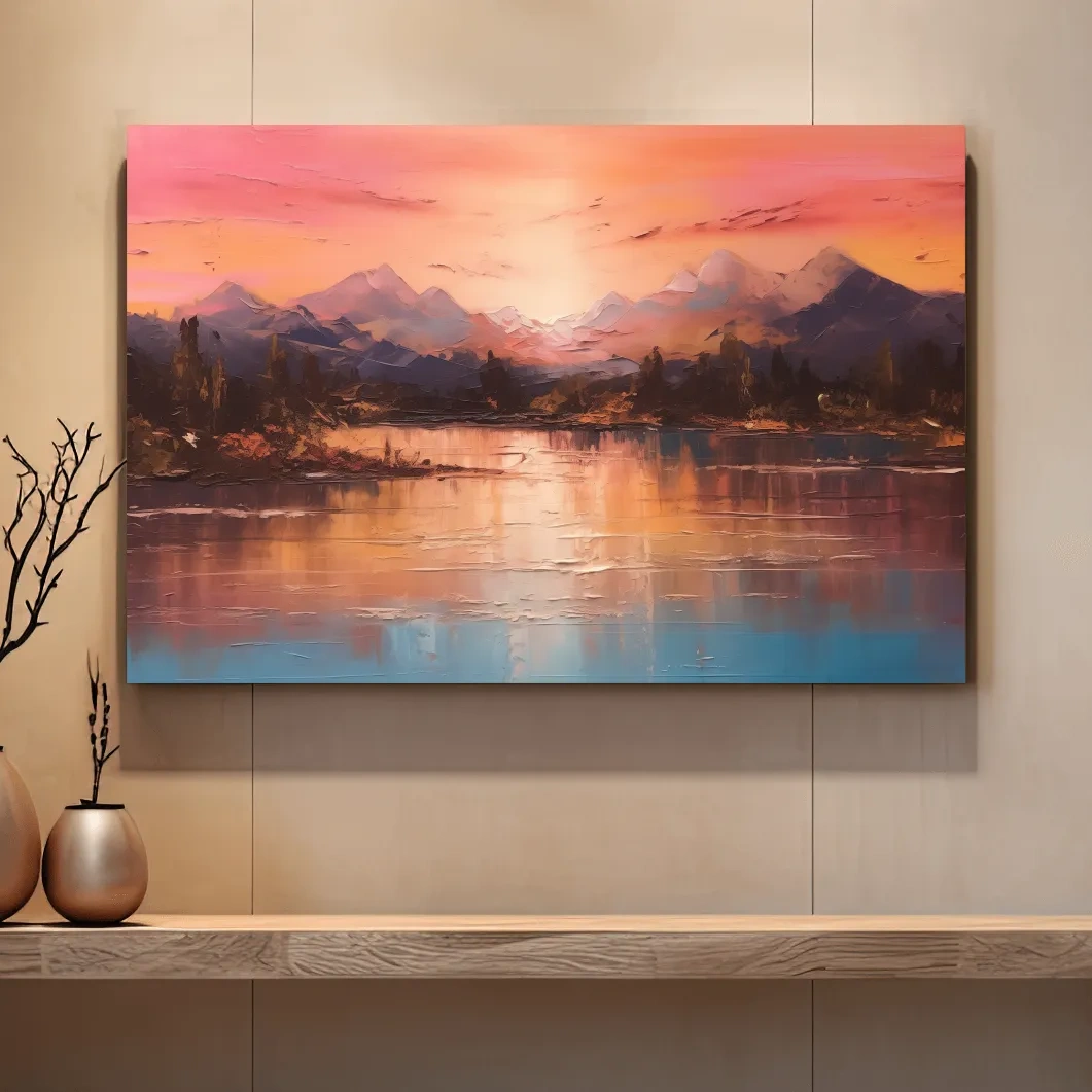 Sunset mountain lakeside painting, textured effect oil painting wall art print