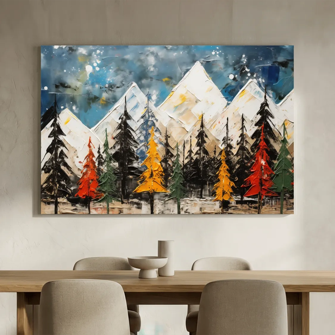 Textured Abstract Oil Painting Style Mountain Forest - Colorful Autumn Pines Landscape Wall Art