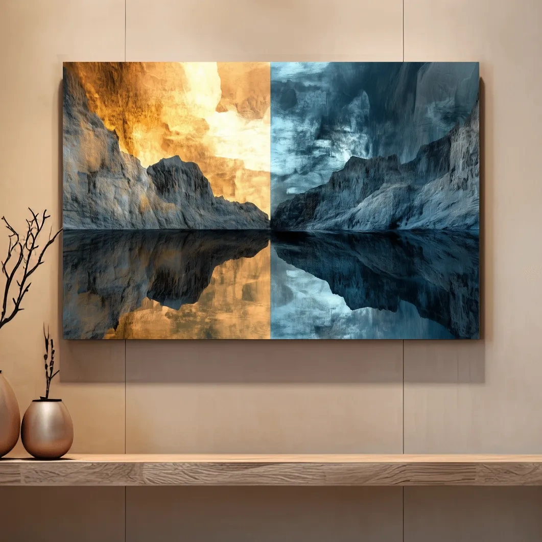 Split Tone Mountain Lake Reflection - Fiery Sunset Cool Twilight