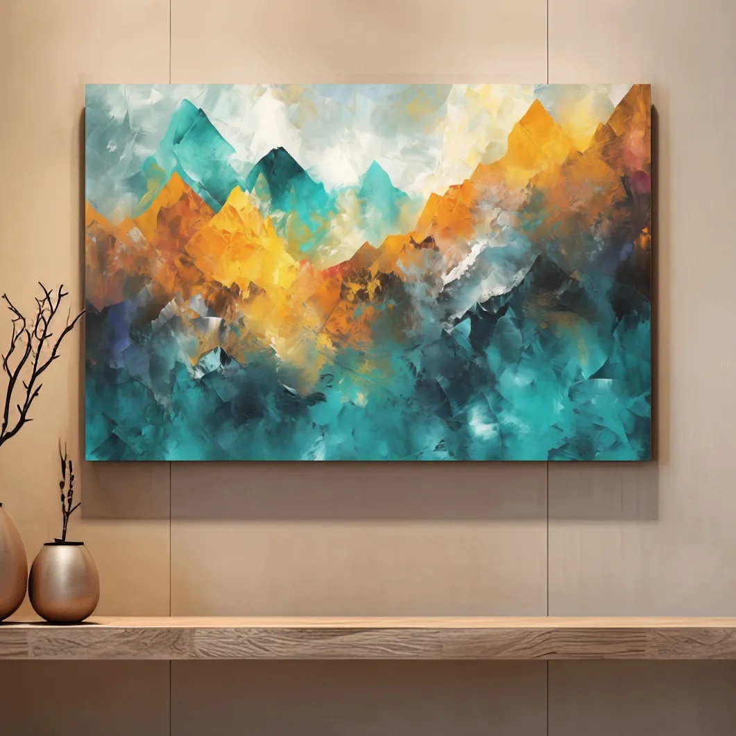 Abstract mountain painting, vibrant colorful wall art