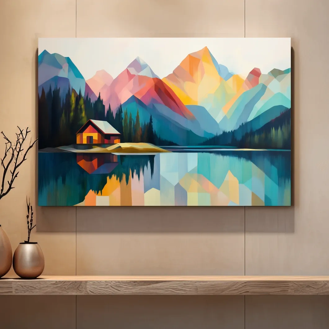 Vibrant Geometric Mountain Lake Cabin - Modern Abstract Landscape Wall Art