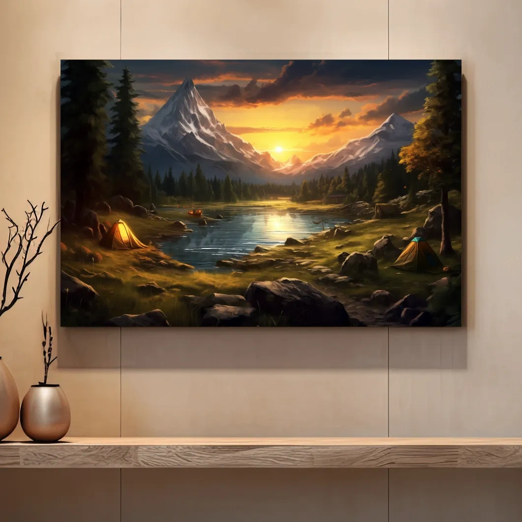 Painting of an alpine campsite by a lake at sunset, serene wall artwork